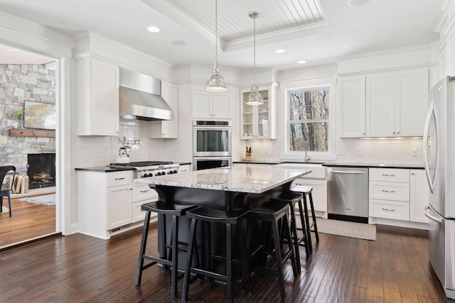 kitchen with wall chimney exhaust hood, appliances with stainless steel finishes, a raised ceiling, and dark wood-style flooring
