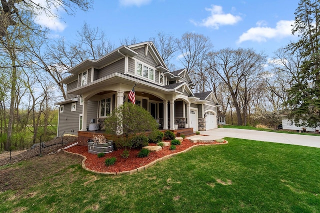 297 Glenbrook Rd N, Wayzata, MN 55391 - craftsman-style house featuring covered porch, concrete driveway, a front yard, and a garage