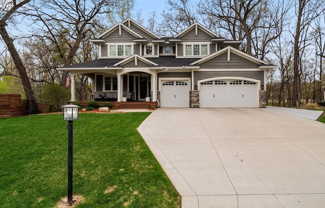 297 Glenbrook Rd N, Wayzata, MN 55391 - craftsman inspired home featuring a porch, concrete driveway, a front yard, and stone siding