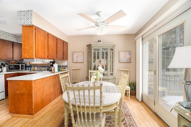 kitchen featuring kitchen peninsula, light wood-type flooring, a healthy amount of sunlight, and ceiling fan