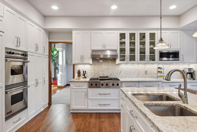 kitchen with pendant lighting, white cabinetry, stainless steel appliances, sink, and range hood