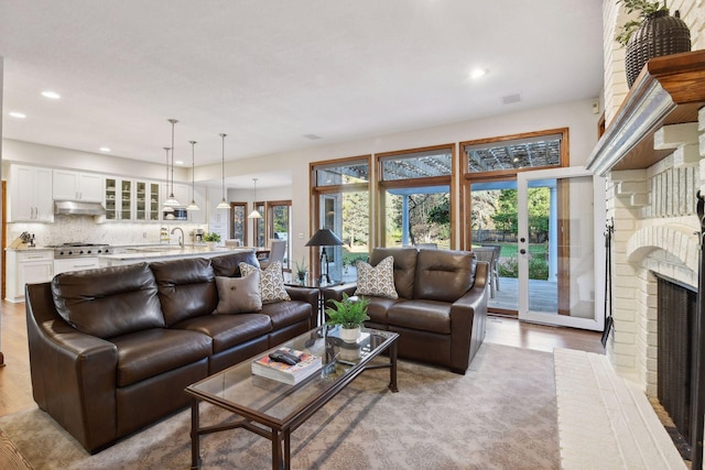 living room featuring a fireplace and light wood-type flooring