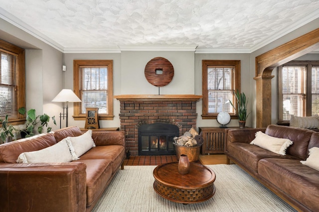 living room featuring crown molding, a healthy amount of sunlight, and a fireplace