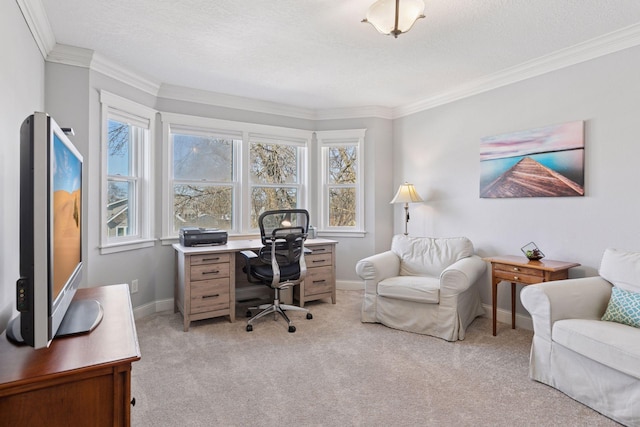 home office featuring plenty of natural light, light colored carpet, baseboards, and ornamental molding