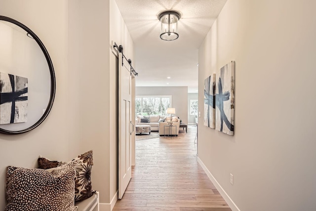 hall featuring baseboards, a barn door, and light wood-style floors