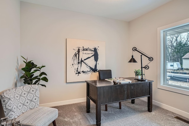 office with baseboards, a healthy amount of sunlight, and carpet floors