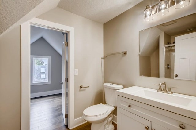 bathroom with a shower with door, hardwood / wood-style floors, a textured ceiling, toilet, and vanity