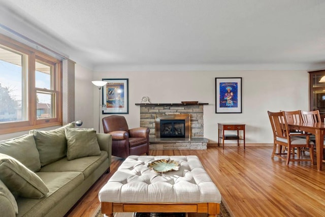 living area featuring baseboards, wood finished floors, and a fireplace