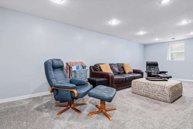 living room with carpet, baseboards, and recessed lighting