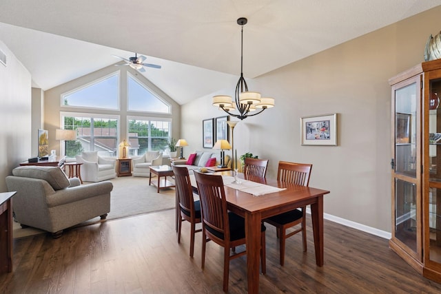 8160 Virginia Ln, Savage, MN 55378 - dining space with ceiling fan, dark wood-type flooring, a chandelier, and lofted ceiling