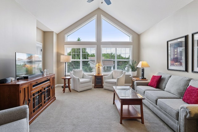 8160 Virginia Ln, Savage, MN 55378 - living room featuring ceiling fan, vaulted ceiling, and carpet
