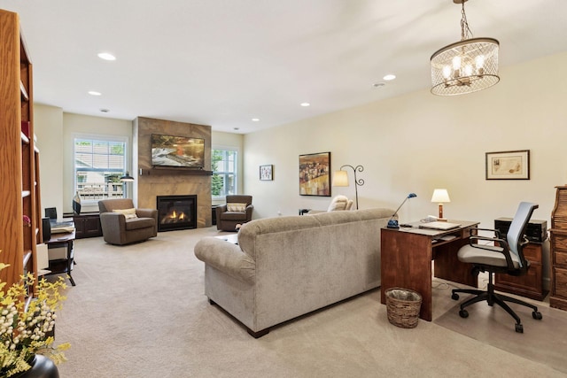 8160 Virginia Ln, Savage, MN 55378 - carpeted living room with a large fireplace, an office area, recessed lighting, and a chandelier