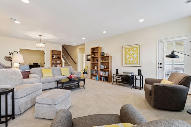 8160 Virginia Ln, Savage, MN 55378 - living area with light carpet, stairway, a chandelier, and recessed lighting