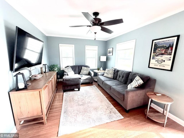 living room with ceiling fan, light wood-type flooring, and ornamental molding