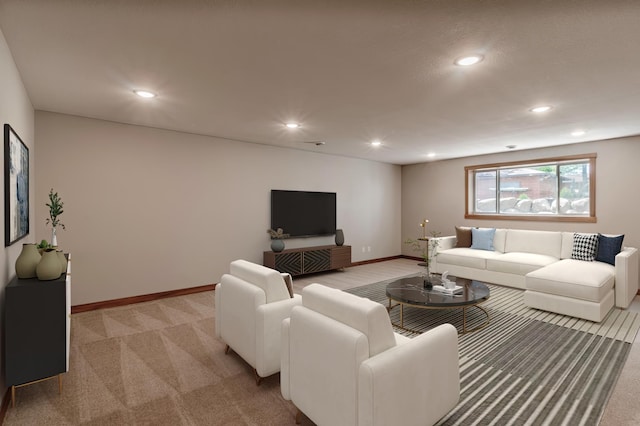 living room featuring light colored carpet