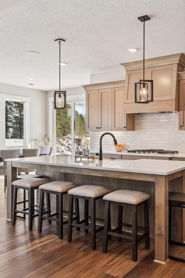 kitchen featuring dark wood finished floors, a healthy amount of sunlight, stainless steel gas stovetop, and decorative backsplash