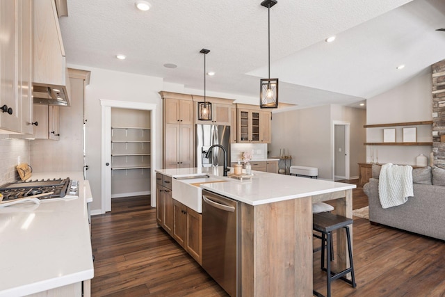 kitchen with stainless steel appliances, a sink, vaulted ceiling, light countertops, and dark wood finished floors