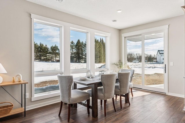 dining space featuring dark wood-style floors and baseboards