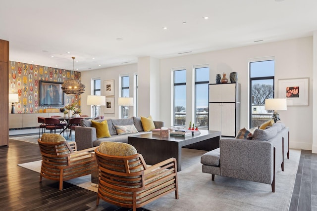 living room with dark hardwood / wood-style floors