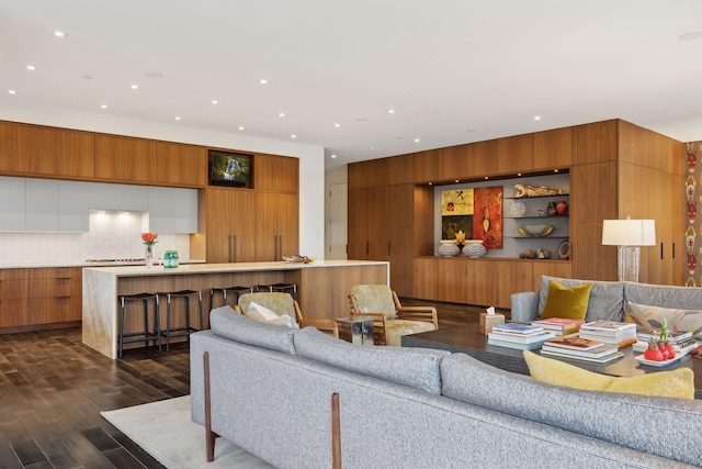 living room with dark wood-type flooring