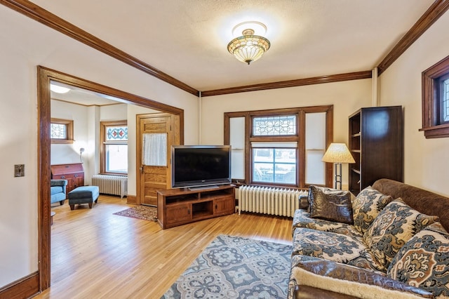 living room featuring ornamental molding, a healthy amount of sunlight, and radiator heating unit