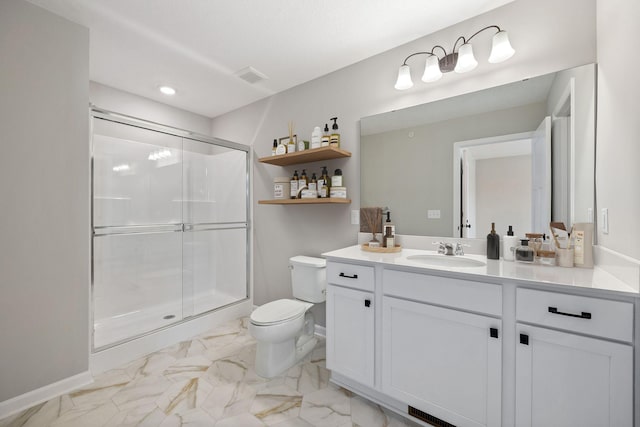 full bath with vanity, toilet, marble finish floor, and a shower stall