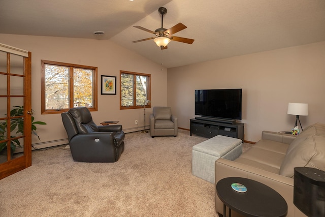 living room with ceiling fan, a baseboard radiator, light carpet, and lofted ceiling