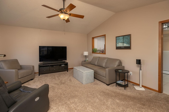 carpeted living room featuring a baseboard radiator, vaulted ceiling, and ceiling fan