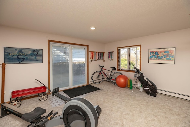 workout room with light colored carpet