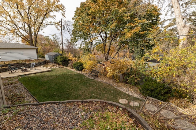 view of yard featuring a patio area and a shed