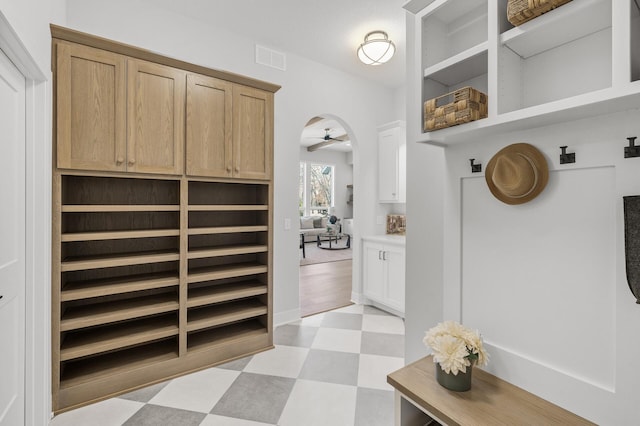 mudroom featuring ceiling fan