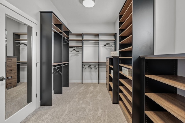 walk in closet featuring light colored carpet