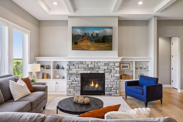 living room with light wood-type flooring and a stone fireplace