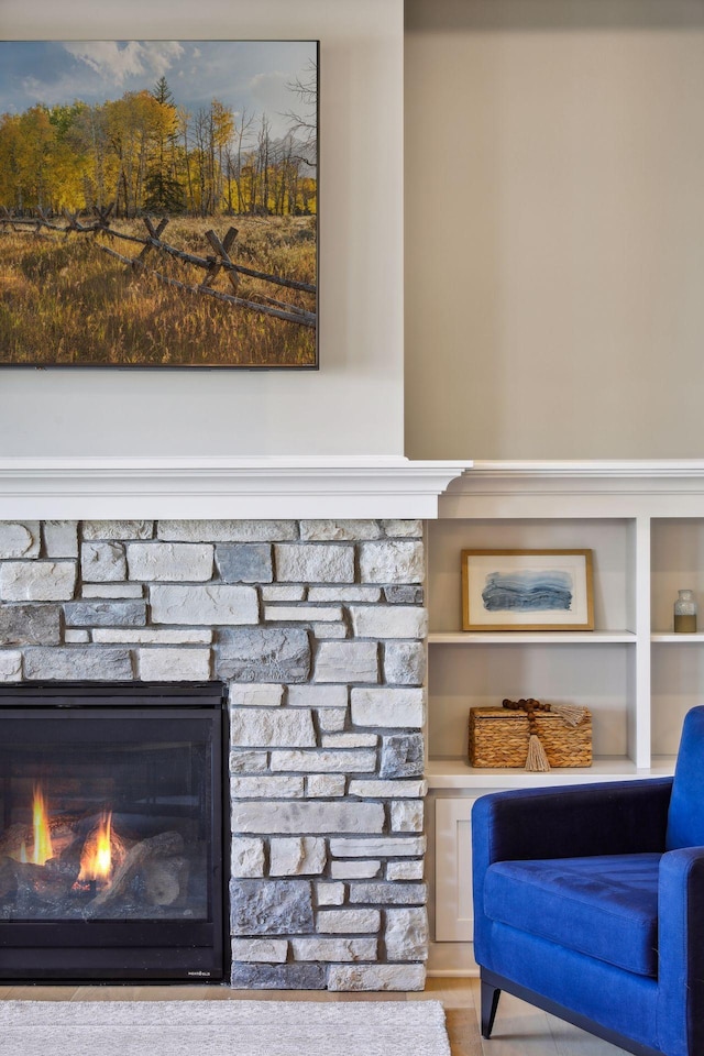 details with a stone fireplace