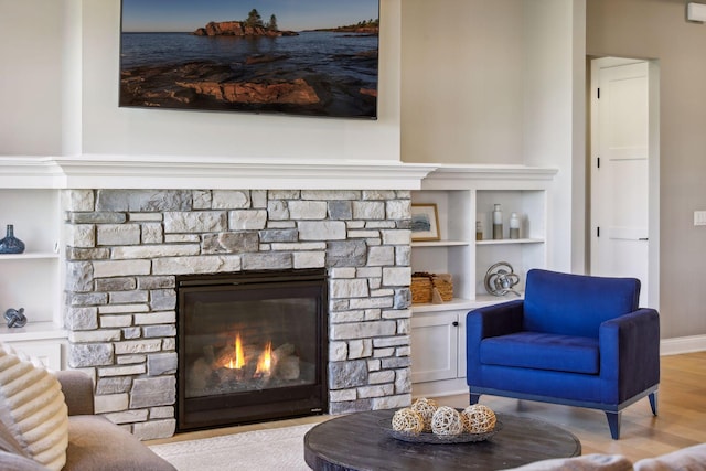 living room featuring a stone fireplace and light hardwood / wood-style flooring