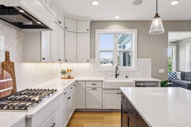 kitchen featuring white cabinets, appliances with stainless steel finishes, decorative light fixtures, sink, and custom range hood