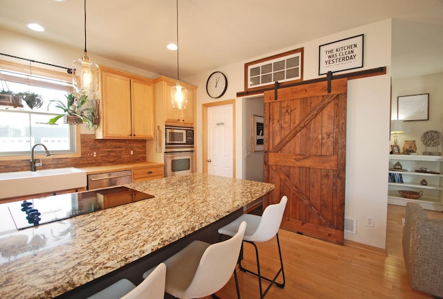 kitchen with sink, appliances with stainless steel finishes, decorative light fixtures, a barn door, and light brown cabinets