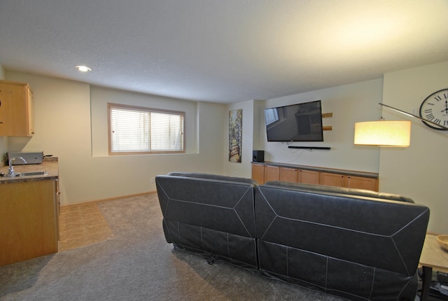 living room featuring light carpet and sink