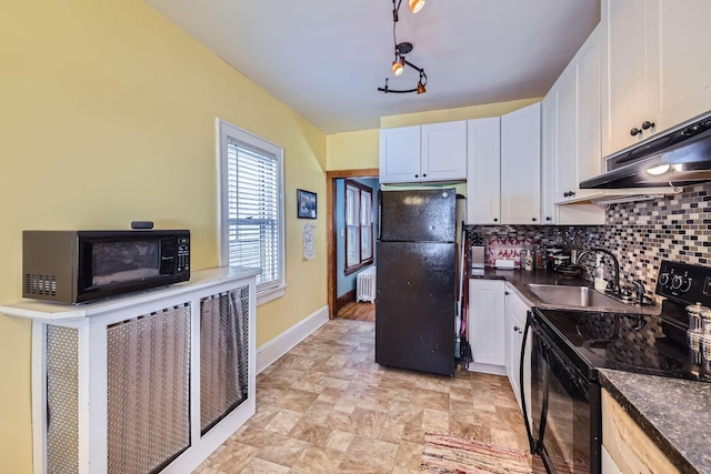 kitchen with white cabinetry, sink, black appliances, and radiator