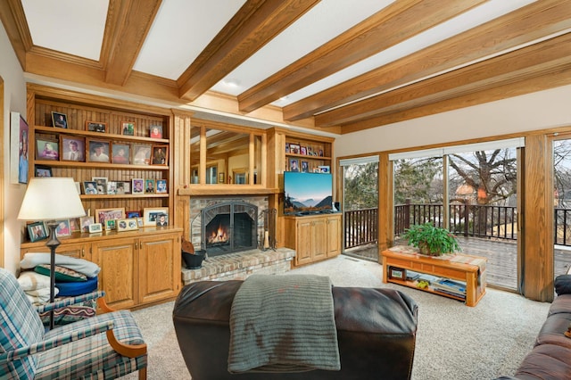 15802 Nursery Dr, Minnetonka, MN 55345 - living area with light colored carpet, beam ceiling, and a brick fireplace