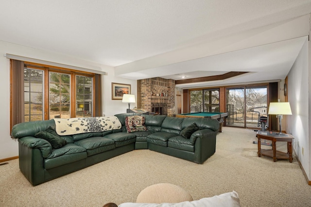 15802 Nursery Dr, Minnetonka, MN 55345 - carpeted living room with baseboards, a brick fireplace, and pool table