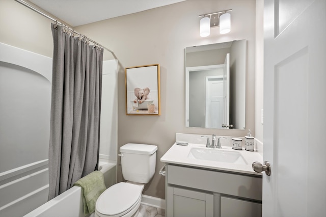 full bathroom with vanity, toilet, and shower / tub combo with curtain