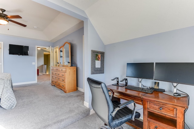 office area with lofted ceiling, light carpet, and ceiling fan