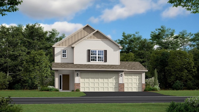 exterior space featuring a garage and a front lawn