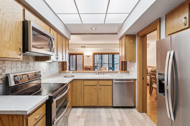 kitchen featuring sink, backsplash, light hardwood / wood-style flooring, and appliances with stainless steel finishes