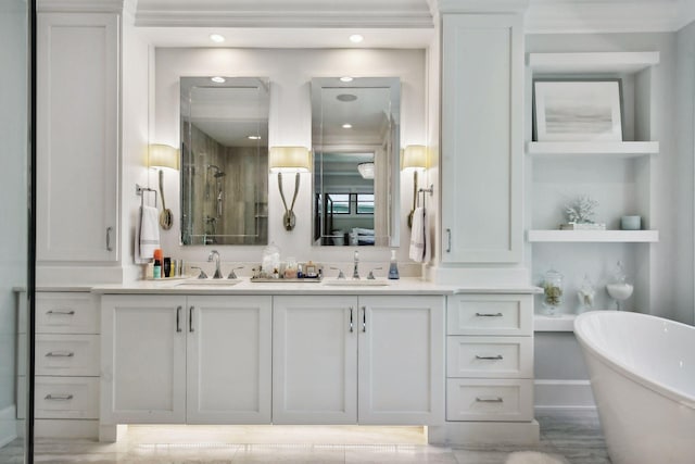 bathroom with vanity, built in features, and plus walk in shower