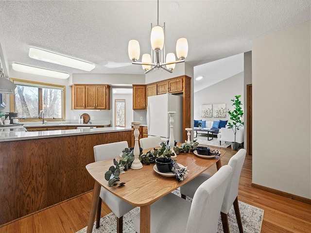 dining room featuring lofted ceiling, light wood-style floors, and a textured ceiling