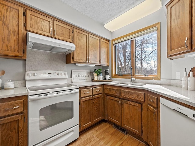 kitchen featuring visible vents, under cabinet range hood, a sink, a textured ceiling, and white appliances