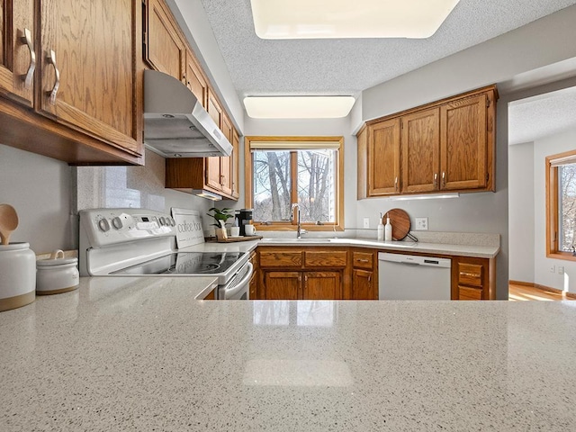 kitchen featuring a sink, white appliances, exhaust hood, and brown cabinetry