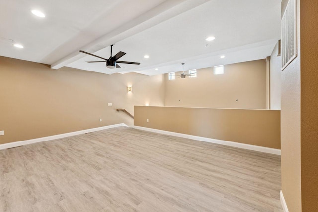 interior space featuring ceiling fan, light hardwood / wood-style flooring, and beam ceiling